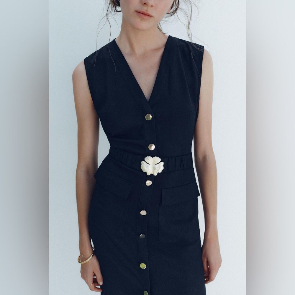 ZARA LINEN BELTED MIDI DRESS - Picture 1 of 6